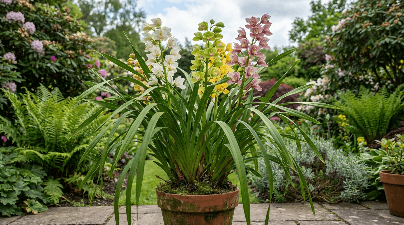 Cymbidium orchid with long strap leaves and tall flower spikes displaying colorful blooms in garden setting.