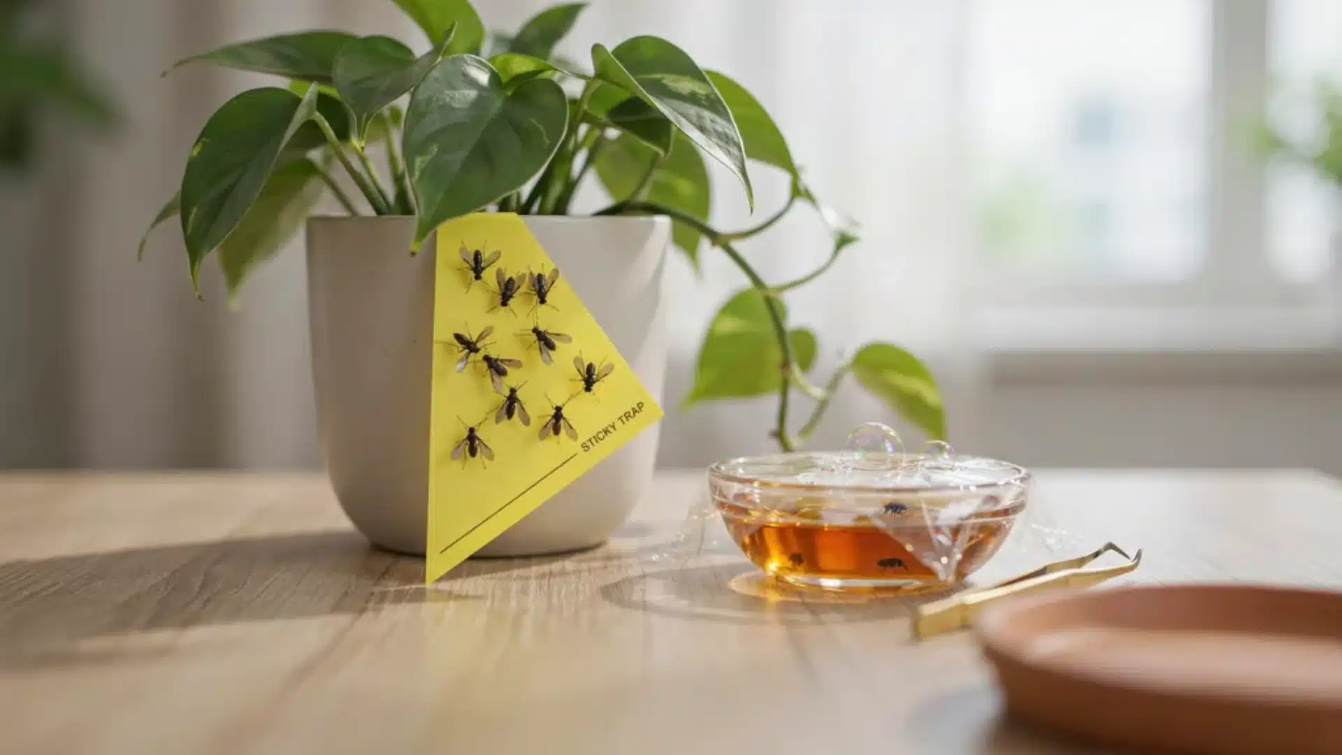 Houseplant with a yellow sticky trap catching fungus gnats beside a bowl of liquid on a wooden table.