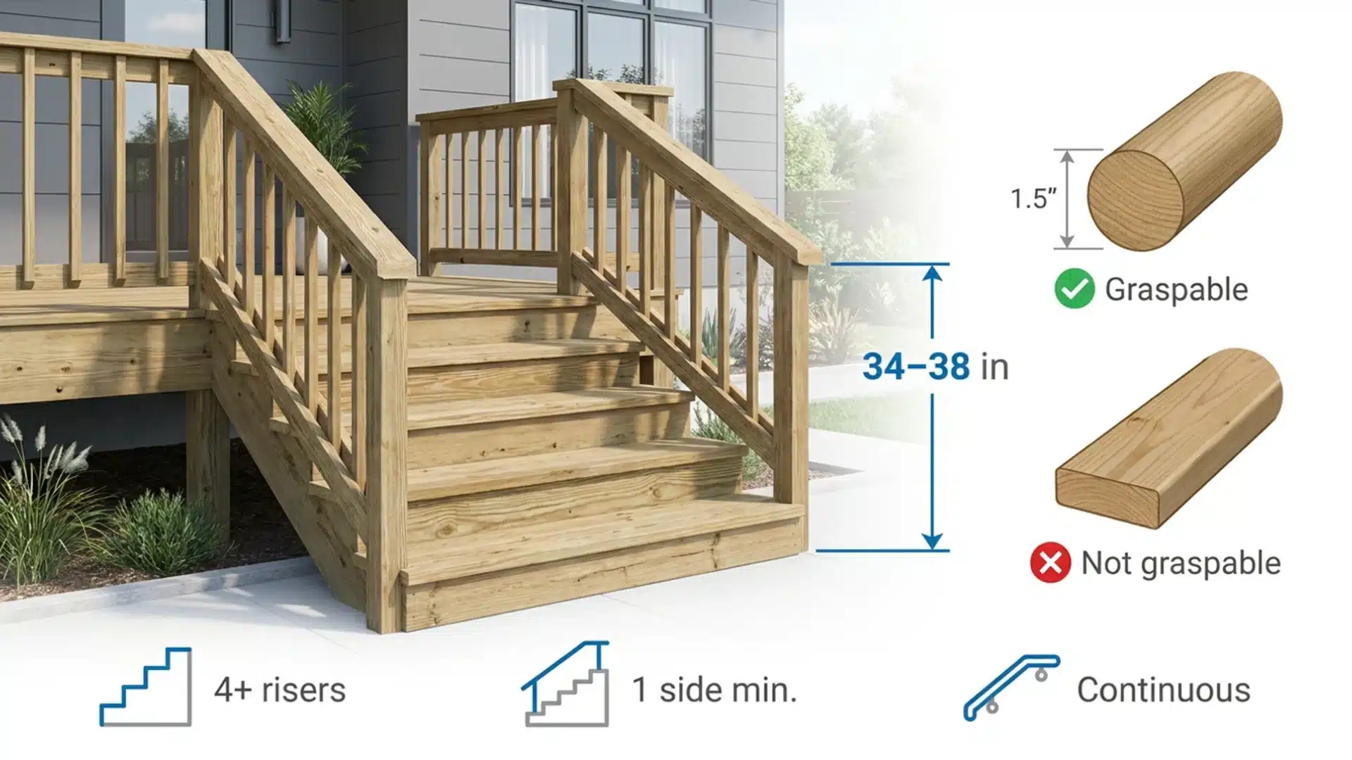 Deck stair handrail height illustration showing graspable and non-graspable designs.