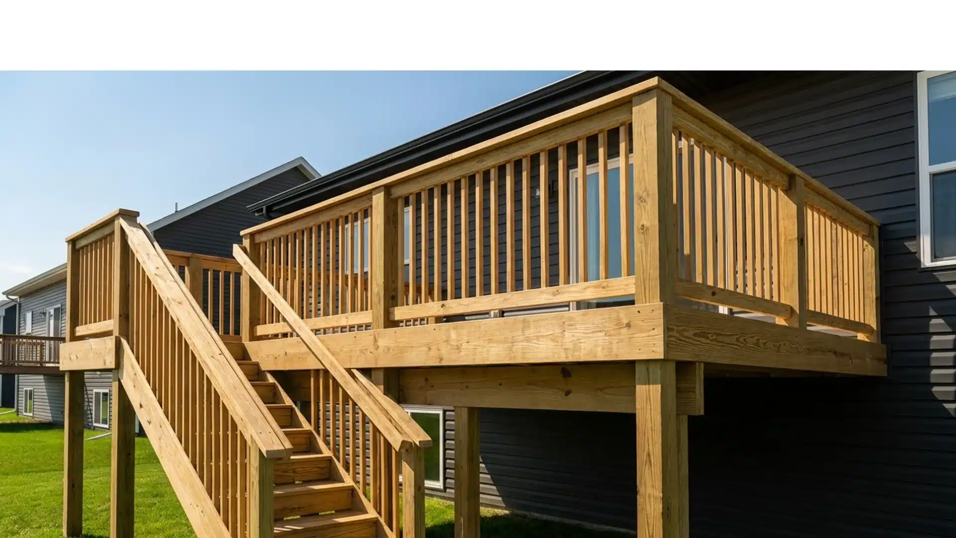 Wooden deck with properly installed railing around the outdoor platform.