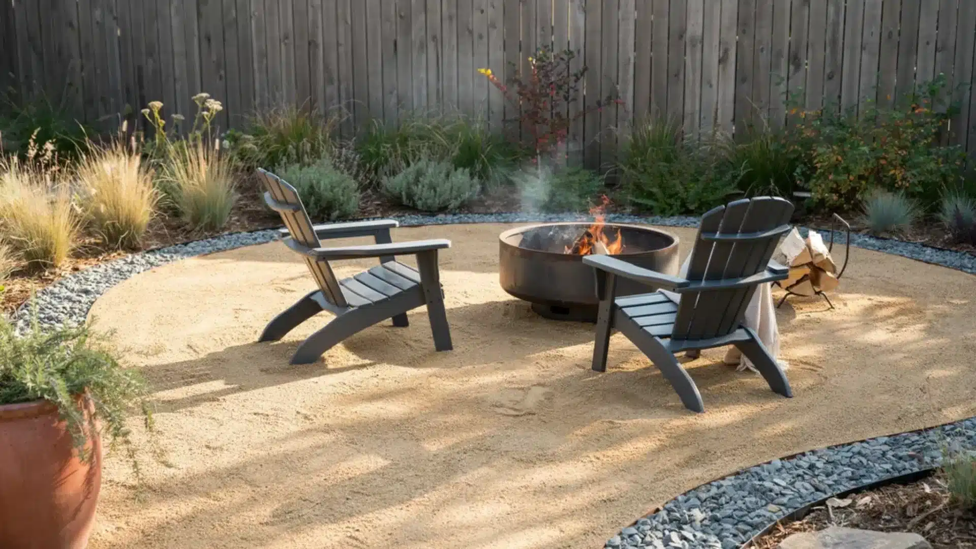 Outdoor fire pit area featuring decomposed granite gravel surface with natural landscaping and comfortable seating.