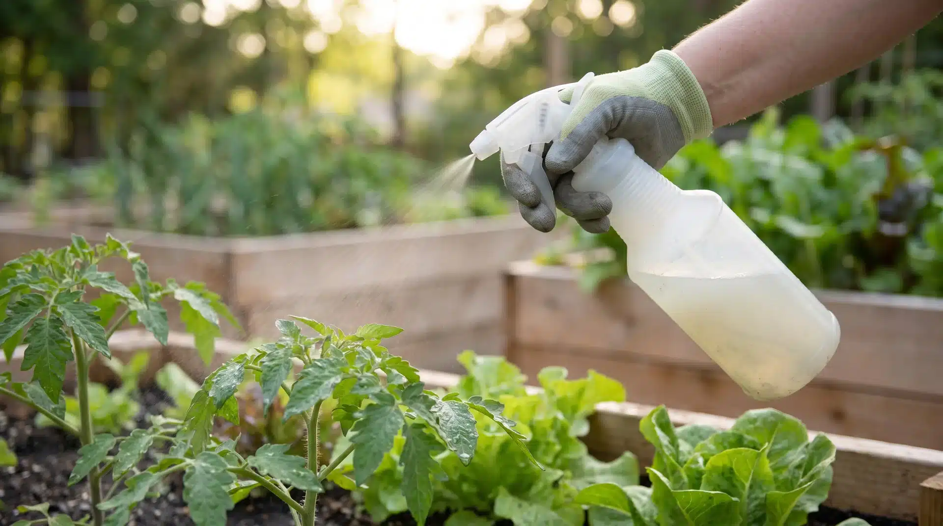 Spraying natural repellent on vegetable plants helps keep deer out of garden and protects crops from browsing damage.