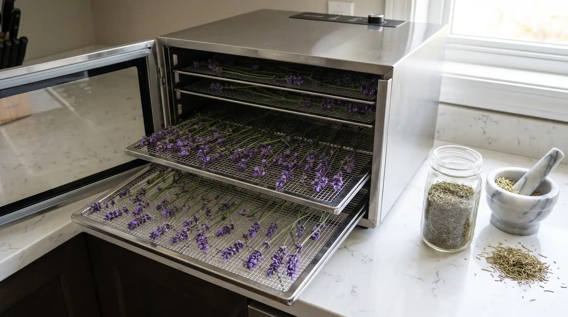 How to dry lavender using a food dehydrator with stems arranged evenly on trays.
