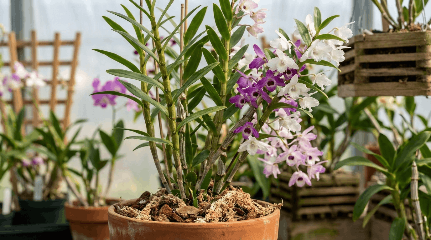Dendrobium orchid with tall cane stems and colorful flower clusters growing in an airy bark pot indoors.
