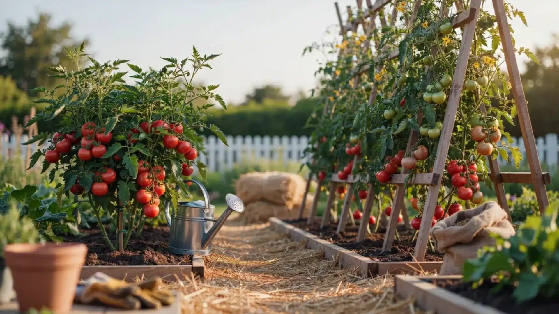 Tomato garden with ripening fruit, trellises, mulch pathways, and backyard setting showing determinate and indeterminate tomatoes.