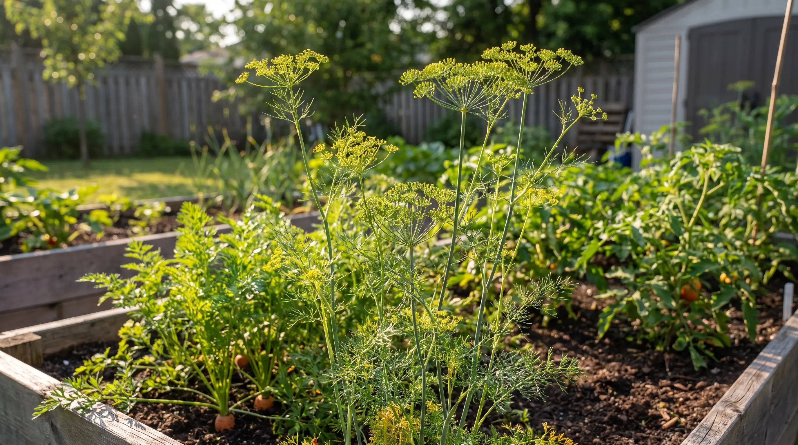 Feathery green dill plants growing with vegetables in a backyard garden