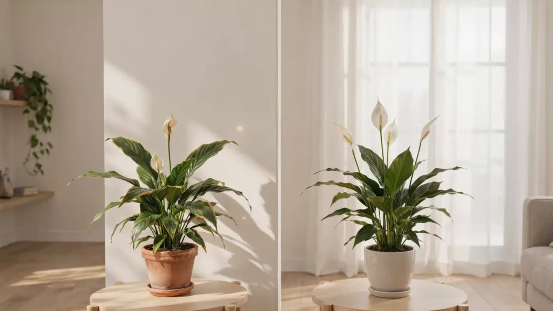 Comparison graphic of direct sunlight versus indirect light and its effect on peace lily health.