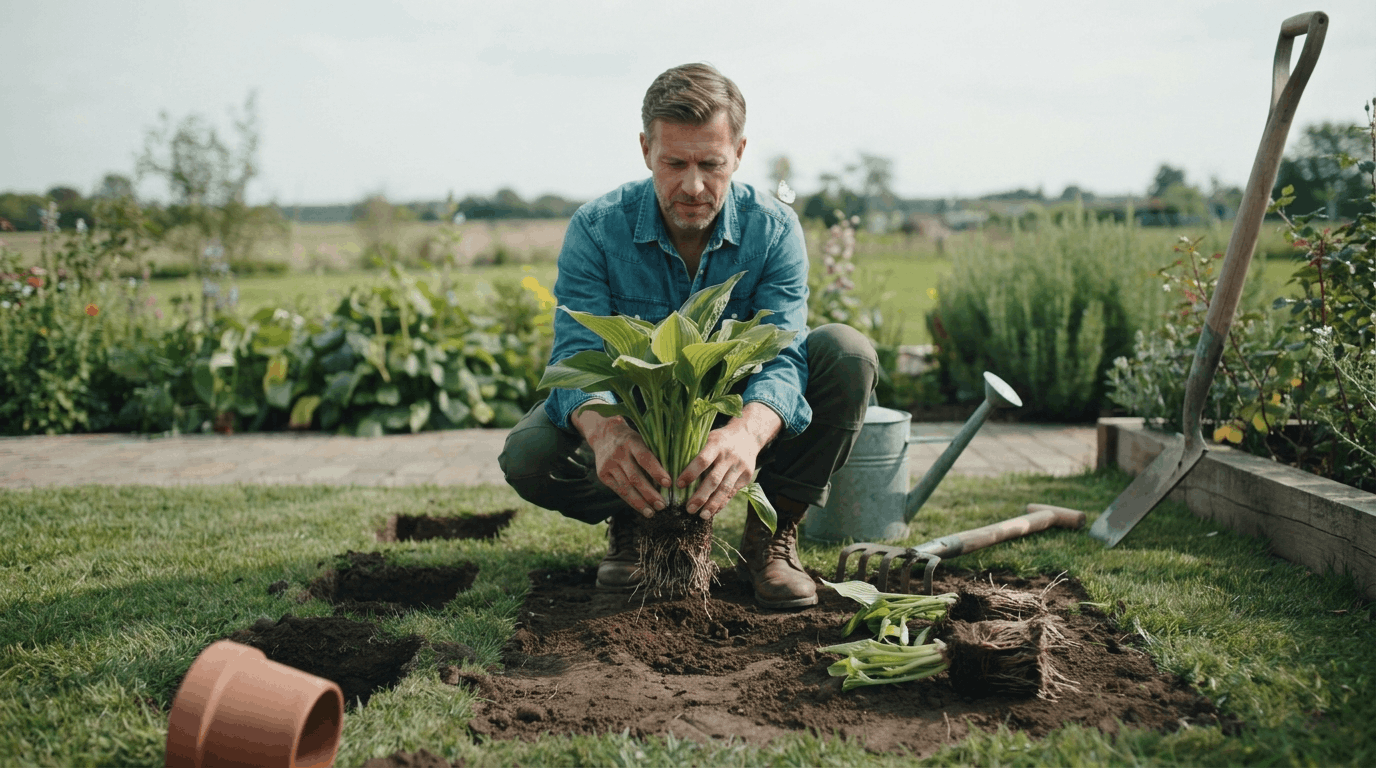 Mature plant being split into rooted sections outdoors showing healthy root systems and replanting in garden soil beds