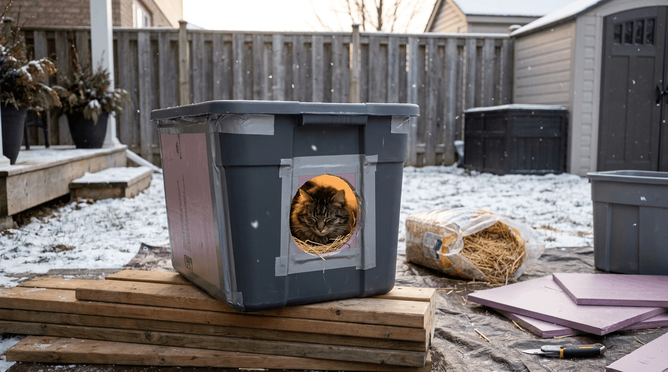 DIY outdoor cat house made from insulated totes with straw bedding protecting stray cat during cold winter weather.