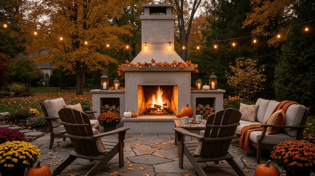 DIY outdoor fireplace with glowing fire, seating area, and backyard landscaping creating a cozy outdoor living space.