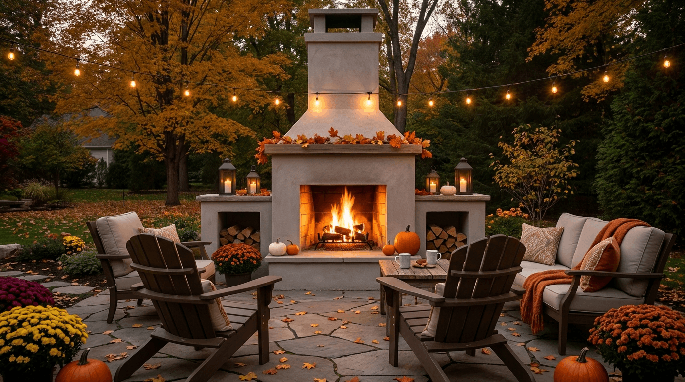 DIY outdoor fireplace with glowing fire, seating area, and backyard landscaping creating a cozy outdoor living space.