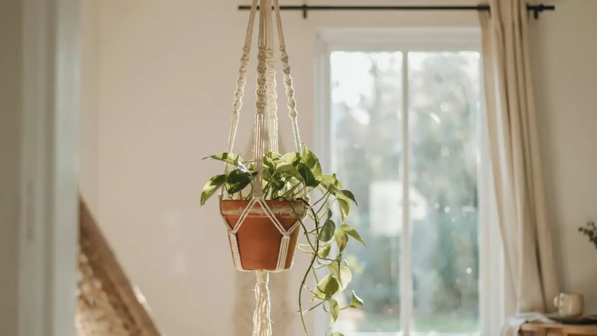 Indoor hanging terracotta plant pot in a macramé holder, styled in soft natural light near a window, creating a minimal boho home decor look.