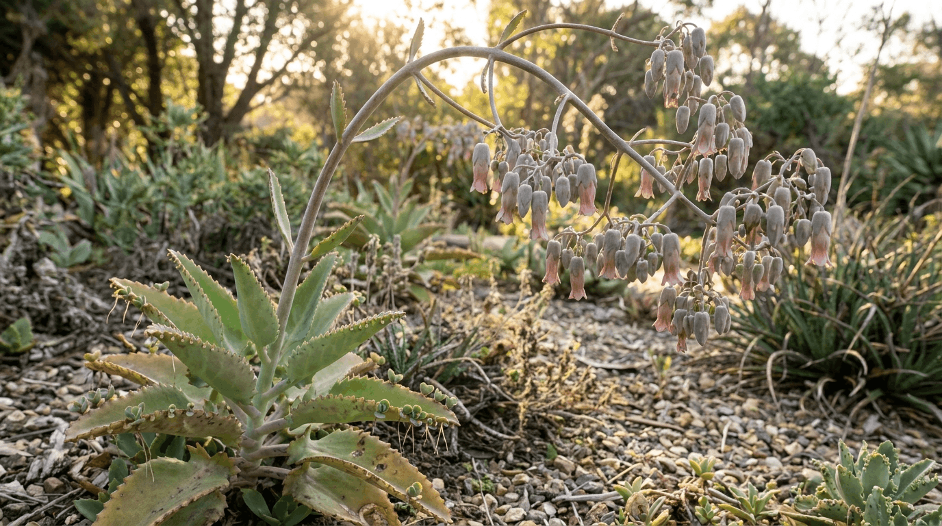 Flowering Mother of Thousands plant with tall stalk and small bell shaped blooms above succulent leaves.
