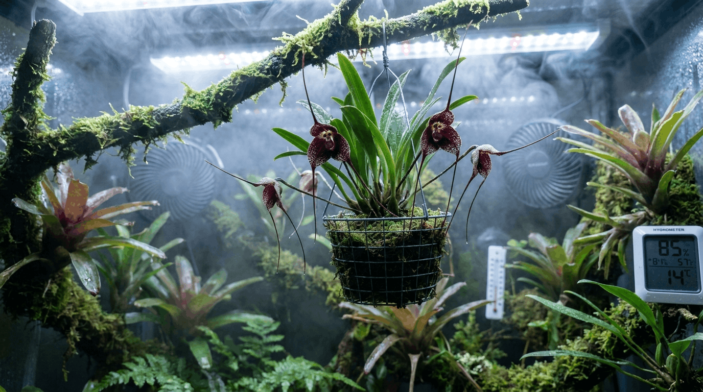 Dracula orchid with dark hanging spotted flowers growing in cool misty rainforest-style greenhouse.