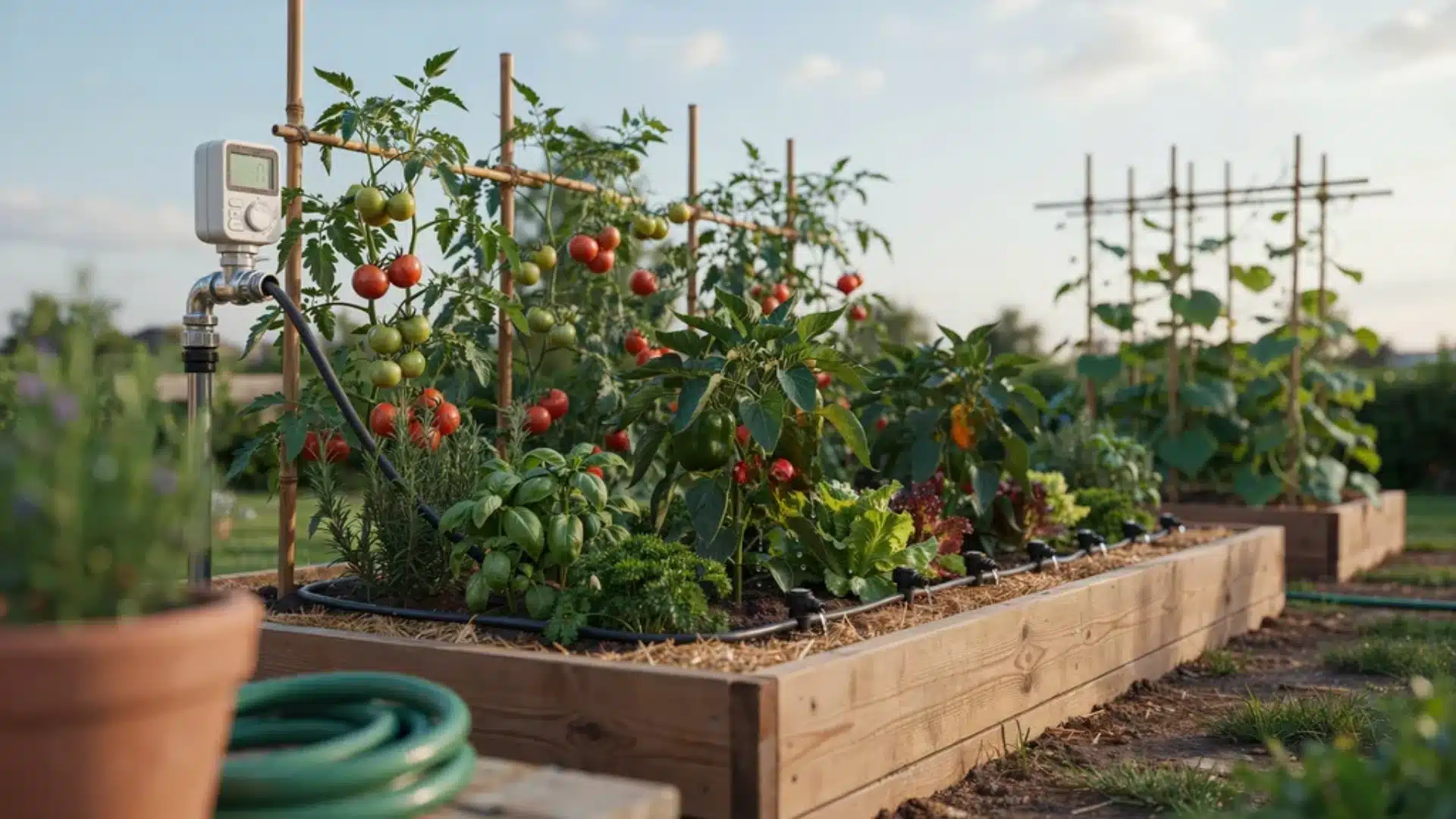 Raised vegetable garden bed with drip irrigation system, growing tomatoes, basil, and leafy greens outdoors in sunlight.