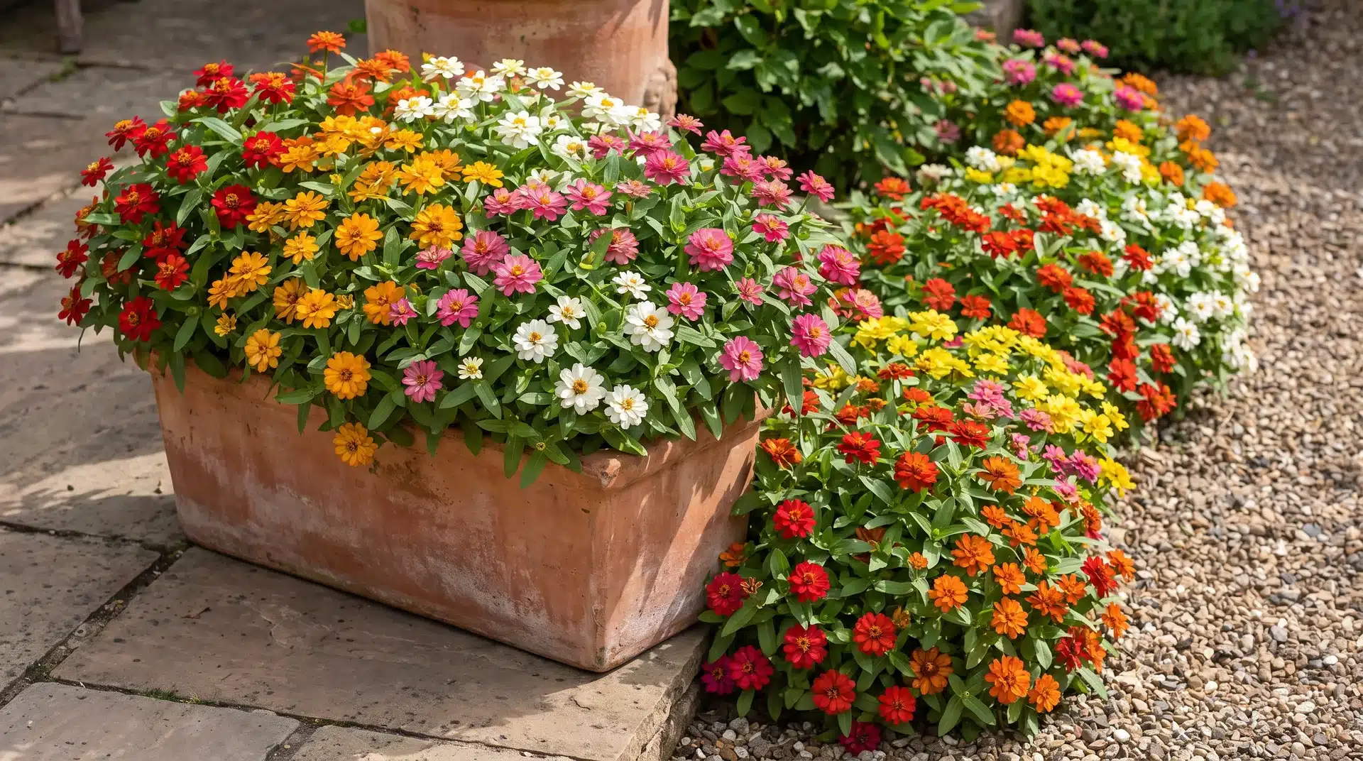 Compact dwarf zinnias growing in containers showing how tall do zinnias grow in small garden spaces.