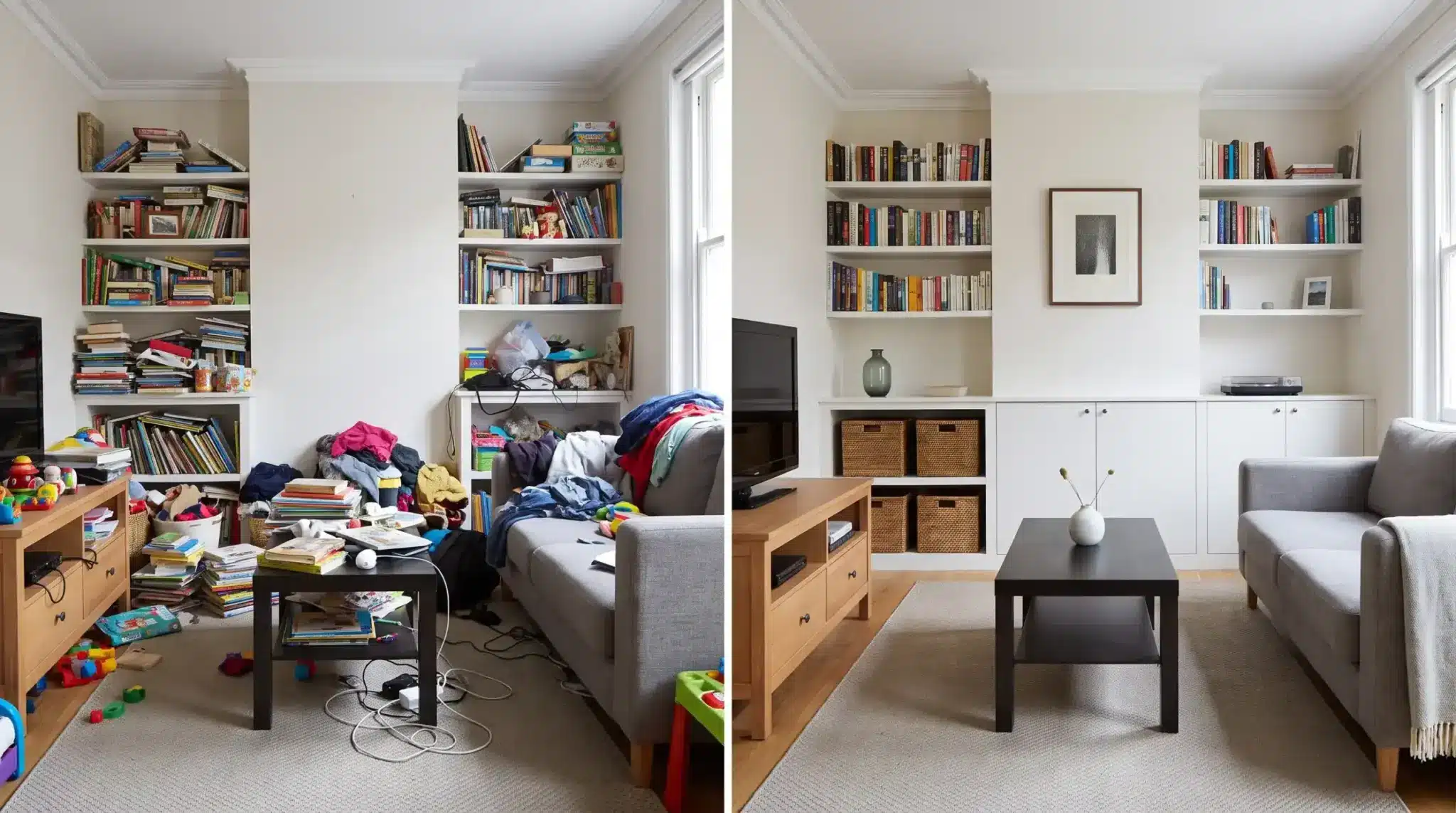 Before-and-after decluttering comparison to make small living room look bigger with cleaner surfaces and organized storage.