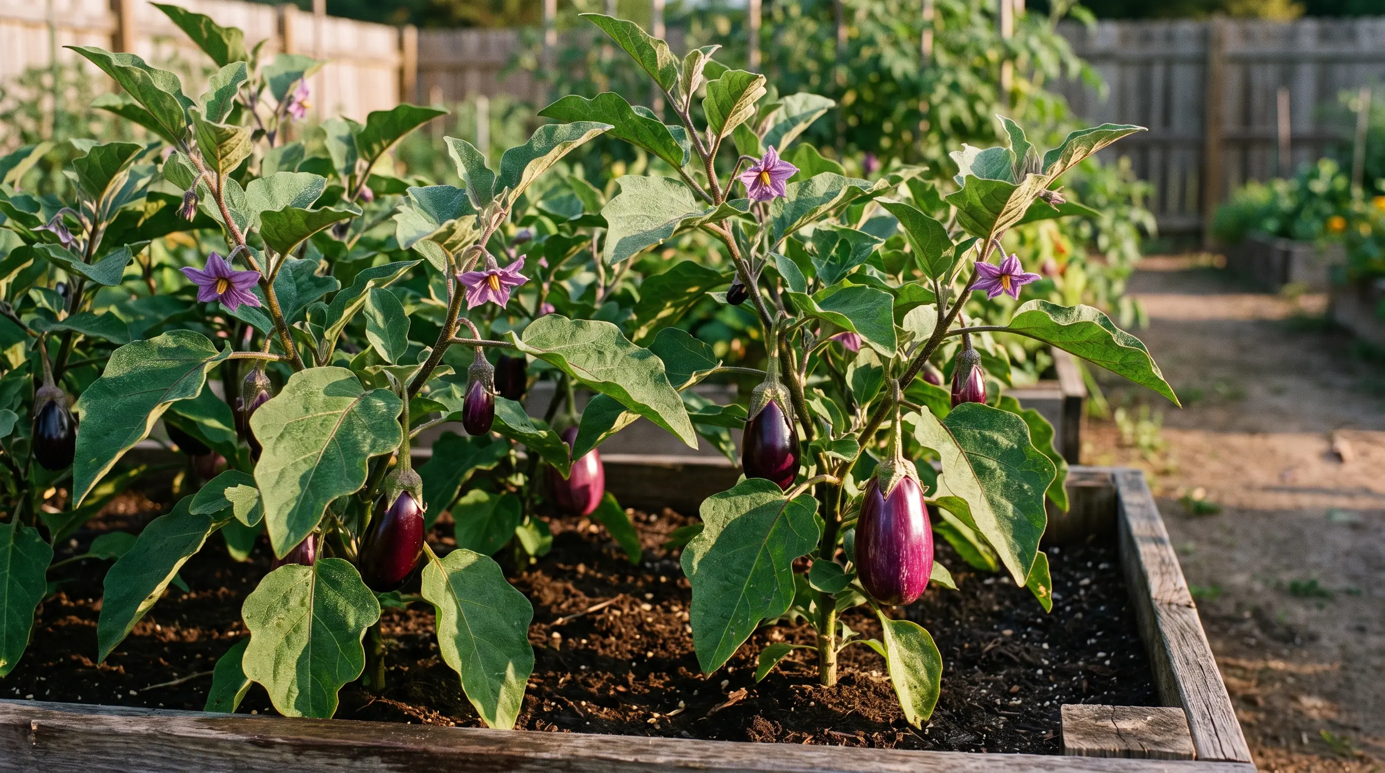 Eggplant plants with purple fruits and green leaves growing in a home garden bed