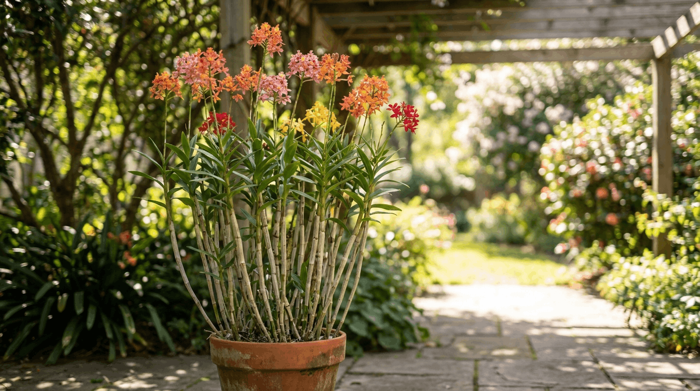Epidendrum orchid with tall stems and clusters of small colorful flowers growing under bright light.