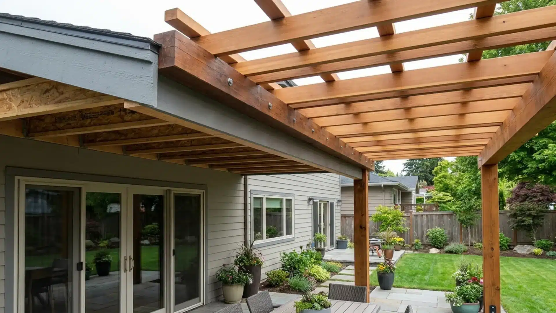 Pergola mounted to fascia board beside a home's exterior wall.