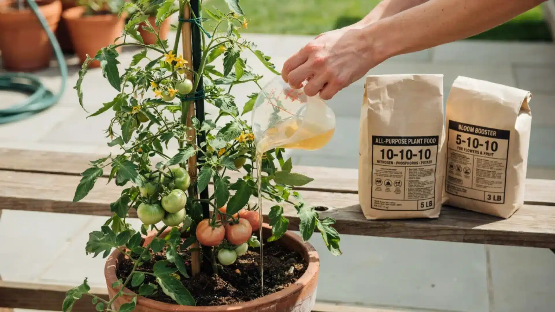 A gardener feeding container-grown tomato plants using liquid fertilizer while two labeled bags of plant food sit nearby on a wooden bench.