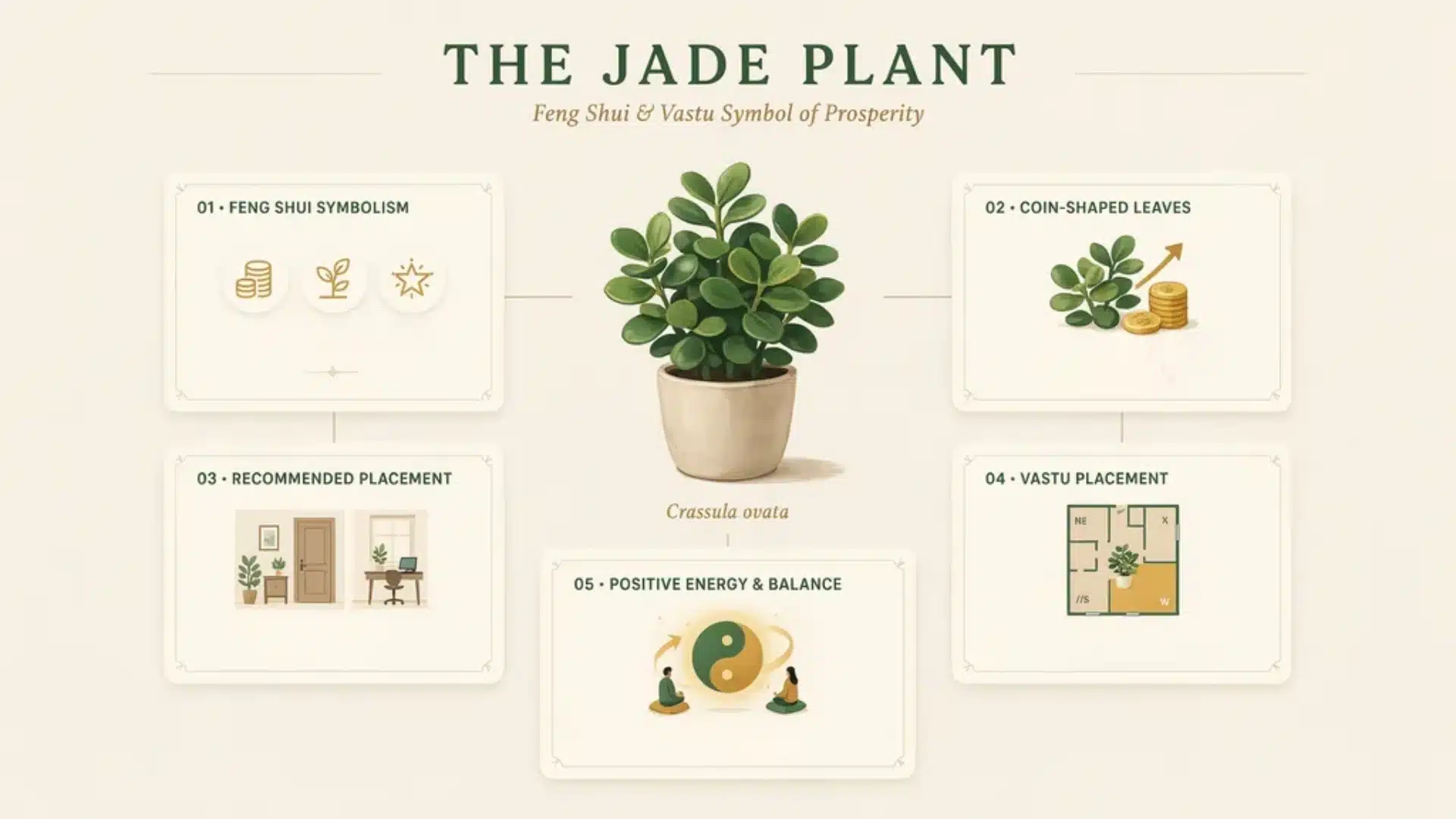 Infographic explaining feng shui and vastu benefits of the jade plant, including symbolism, placement ideas, and prosperity-related concepts.