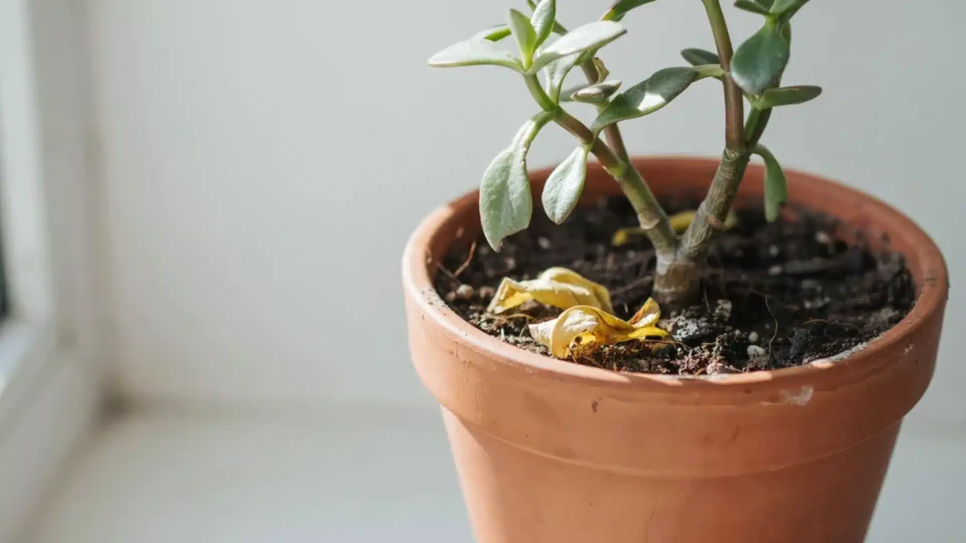 Jade plant with leaf discoloration and damage caused by over-fertilization in a small terracotta pot.