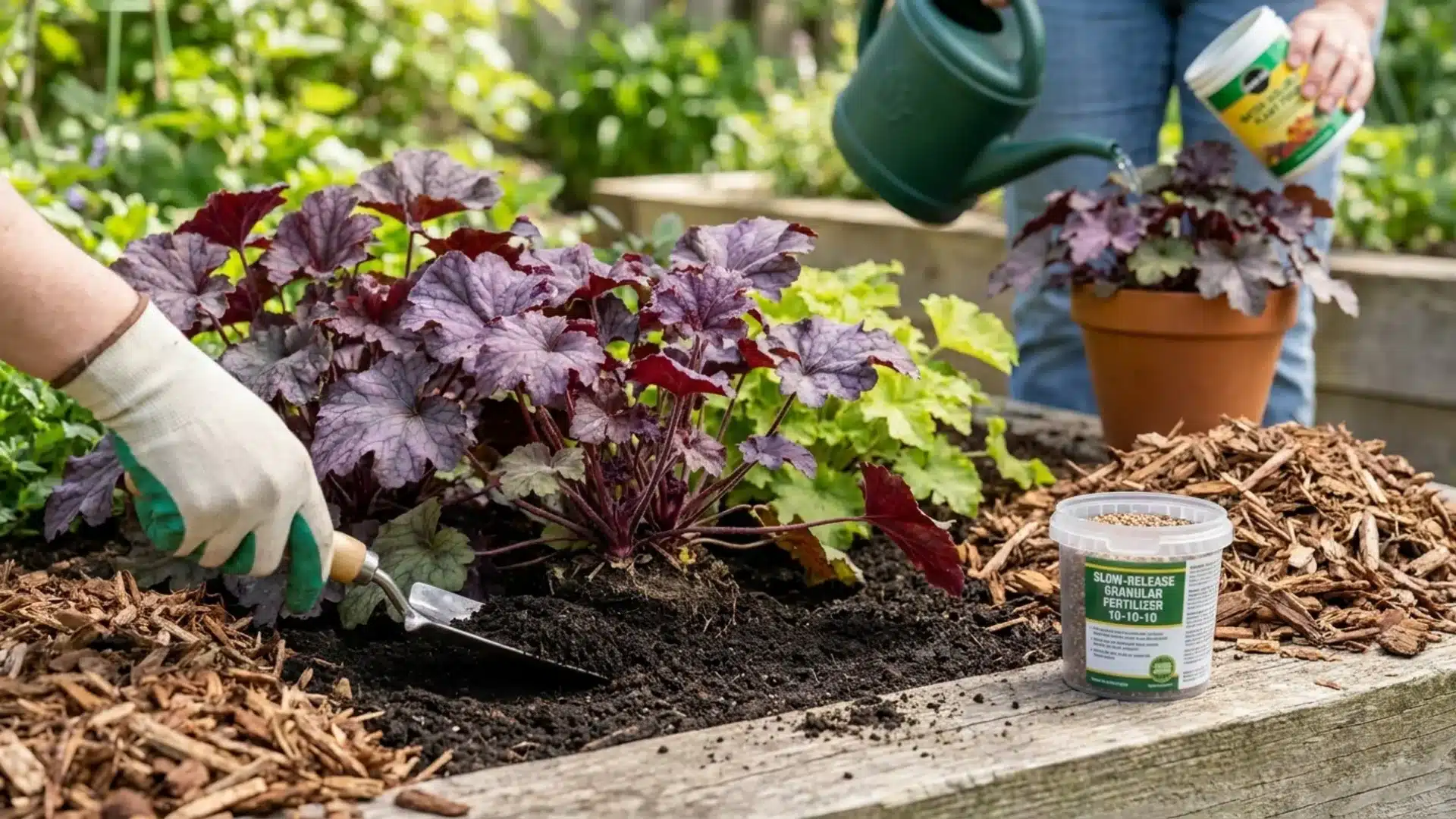 Gardener applying slow-release fertilizer while caring for coral bells plants in a raised garden bed.