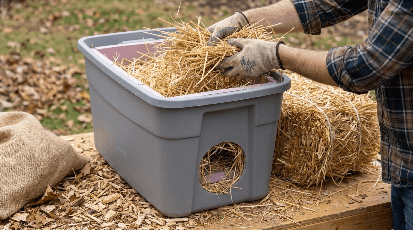 Filling outdoor cat shelter interior with dry straw bedding for warmth and moisture protection.