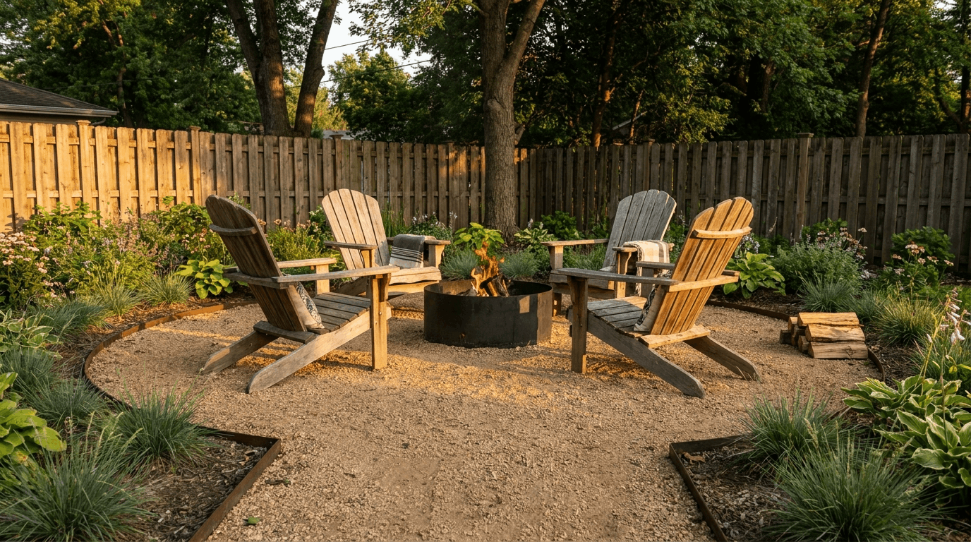 Gravel fire pit patio with Adirondack chairs arranged around steel fire ring for backyard entertaining.