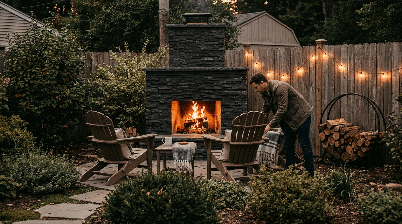 Finished backyard fireplace with seating, firewood storage, and personalized outdoor living design.
