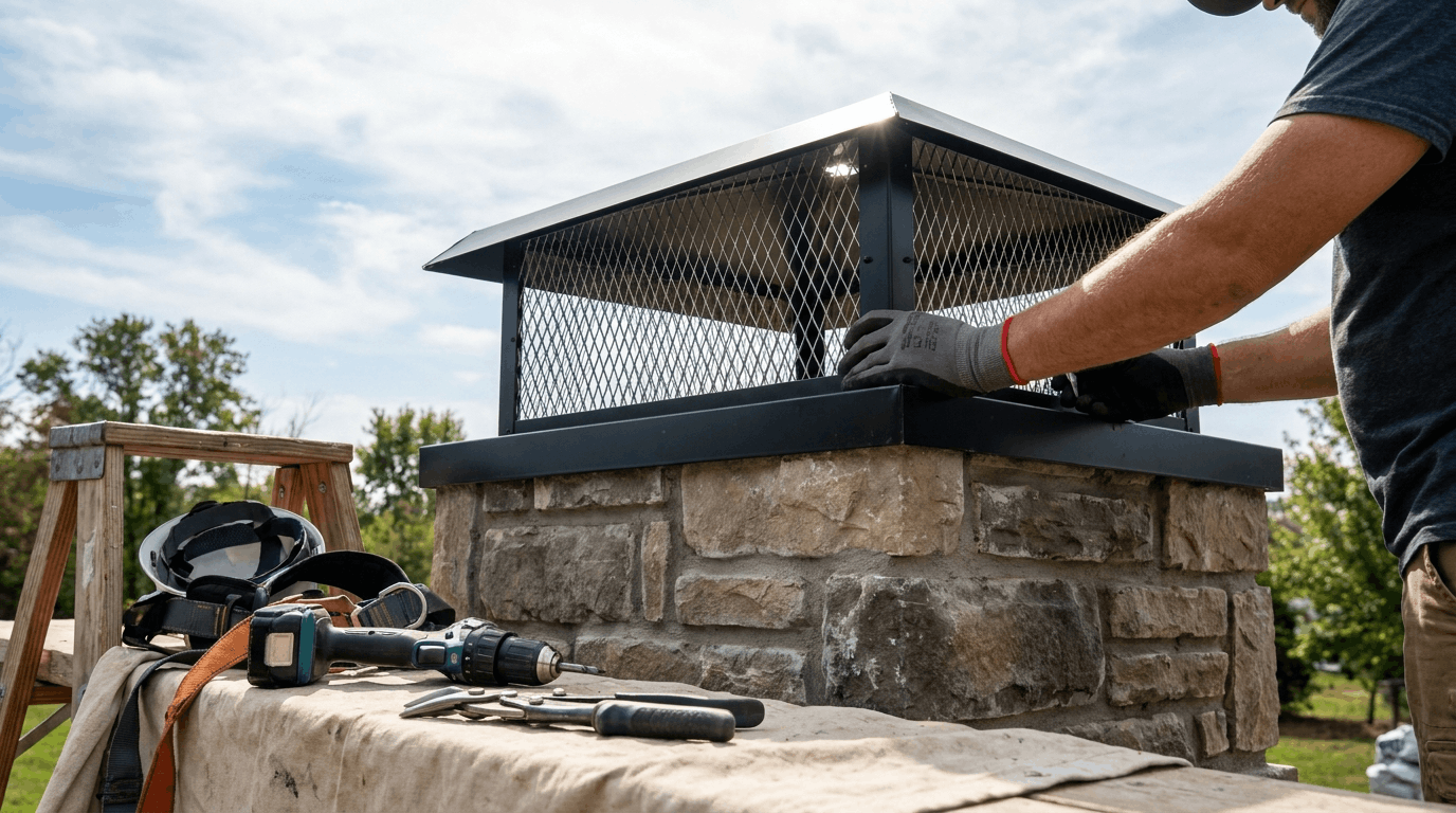 Adding chimney cap with spark arrestor to completed outdoor fireplace chimney structure.