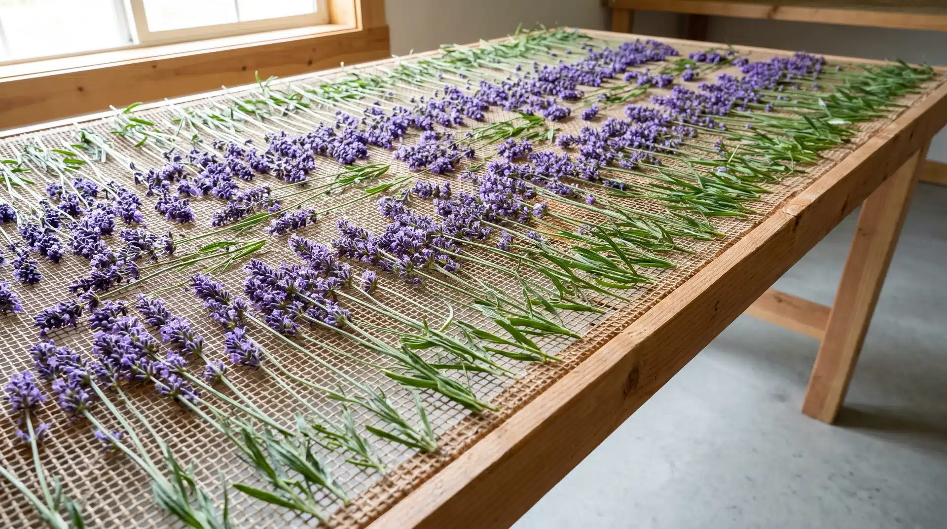 How to dry lavender by spreading stems across a mesh rack for airflow.