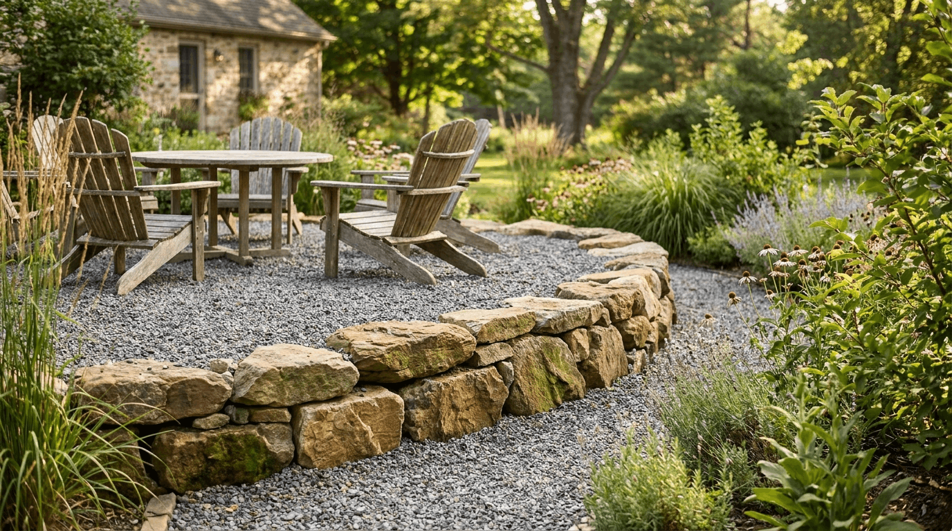 Rustic gravel patio surrounded by natural fieldstone edging blending with plants and outdoor seating.