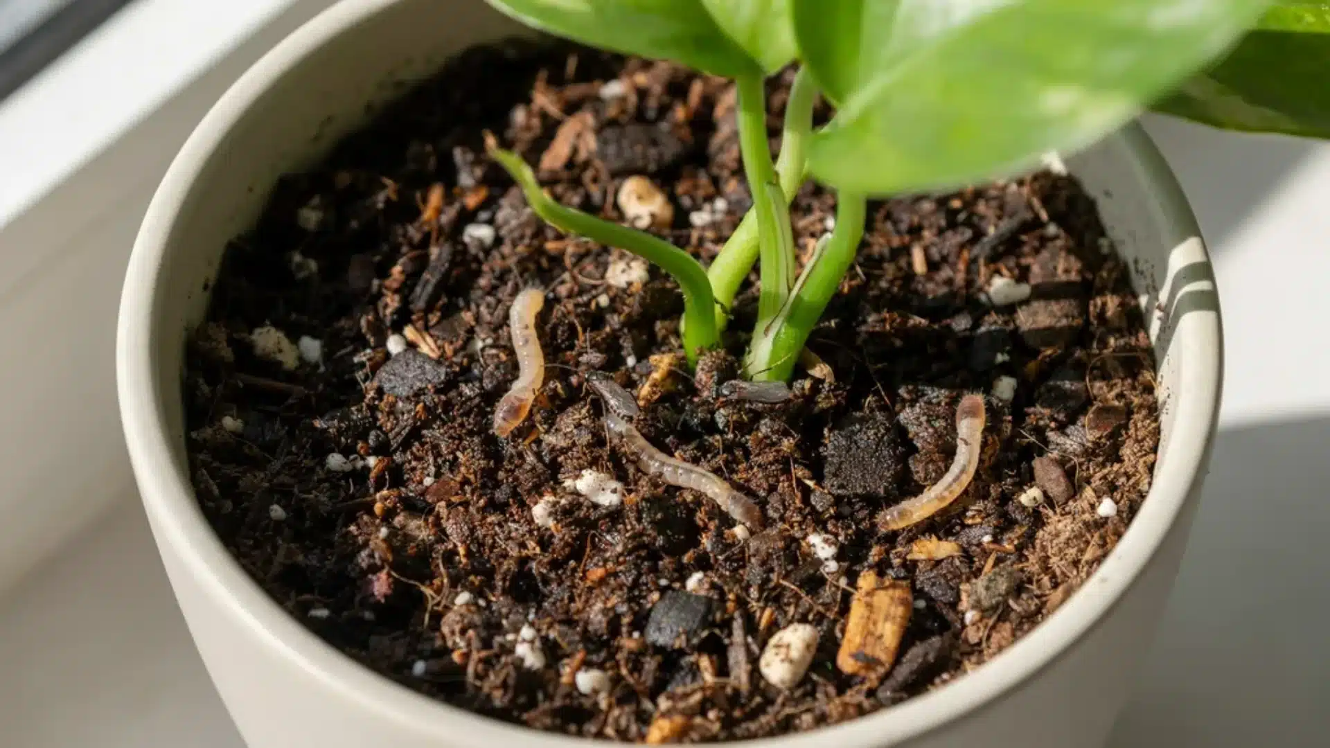 Close-up of fungus gnat larvae in moist potting soil around plant roots.