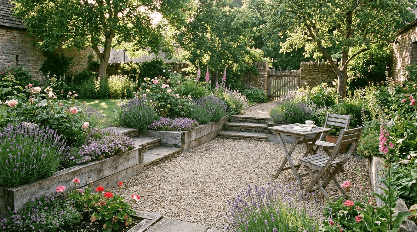 Pea gravel patio surrounded by flower beds with lavender and plants creating a cottage garden outdoor space.
