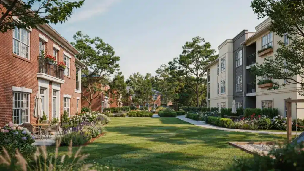 Garden-style apartment buildings surrounded by landscaped lawns, trees, and walking paths.