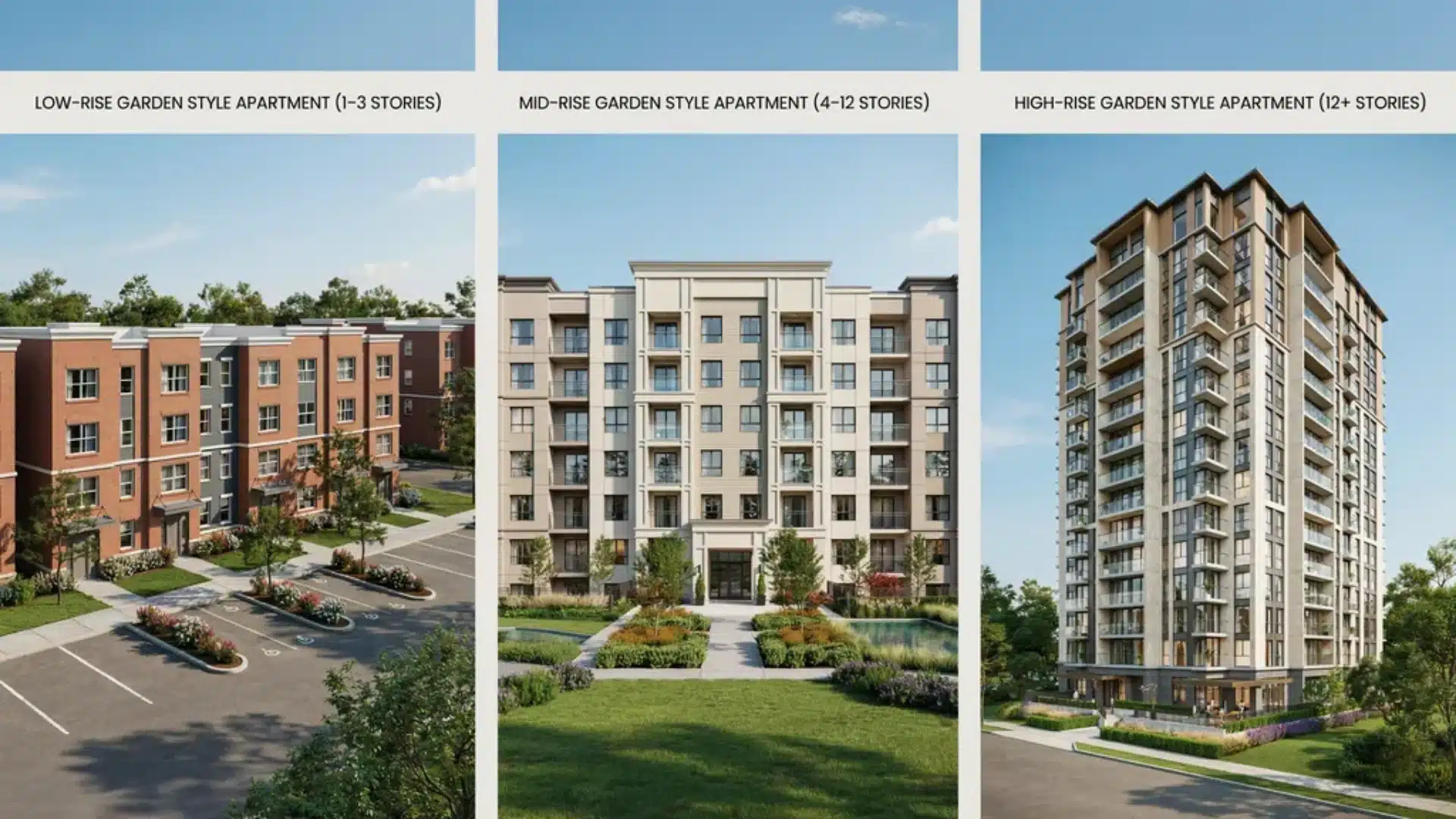 Comparison of low-rise, mid-rise, and high-rise garden-style apartment buildings.