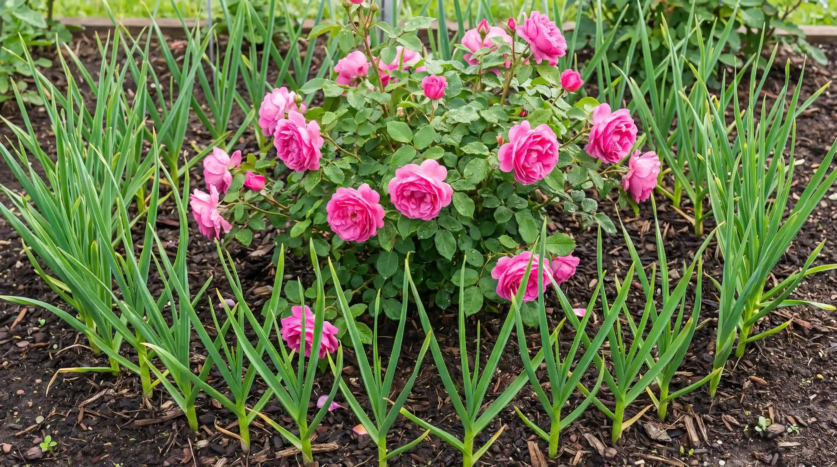 Garlic growing near rose bushes in organic garden bed companion plants for roses to keep pests away repelling aphids naturally.
