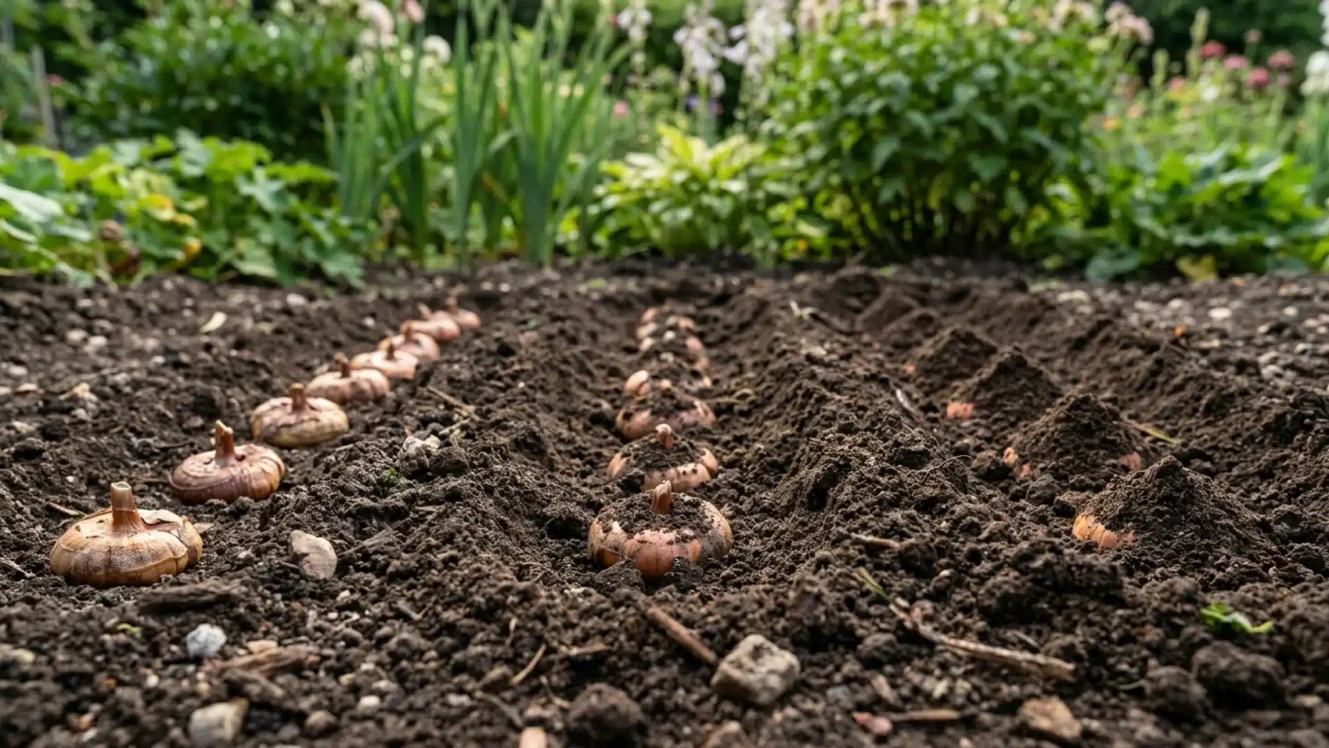 Gladiolus bulbs placed in rows on prepared garden soil before planting.