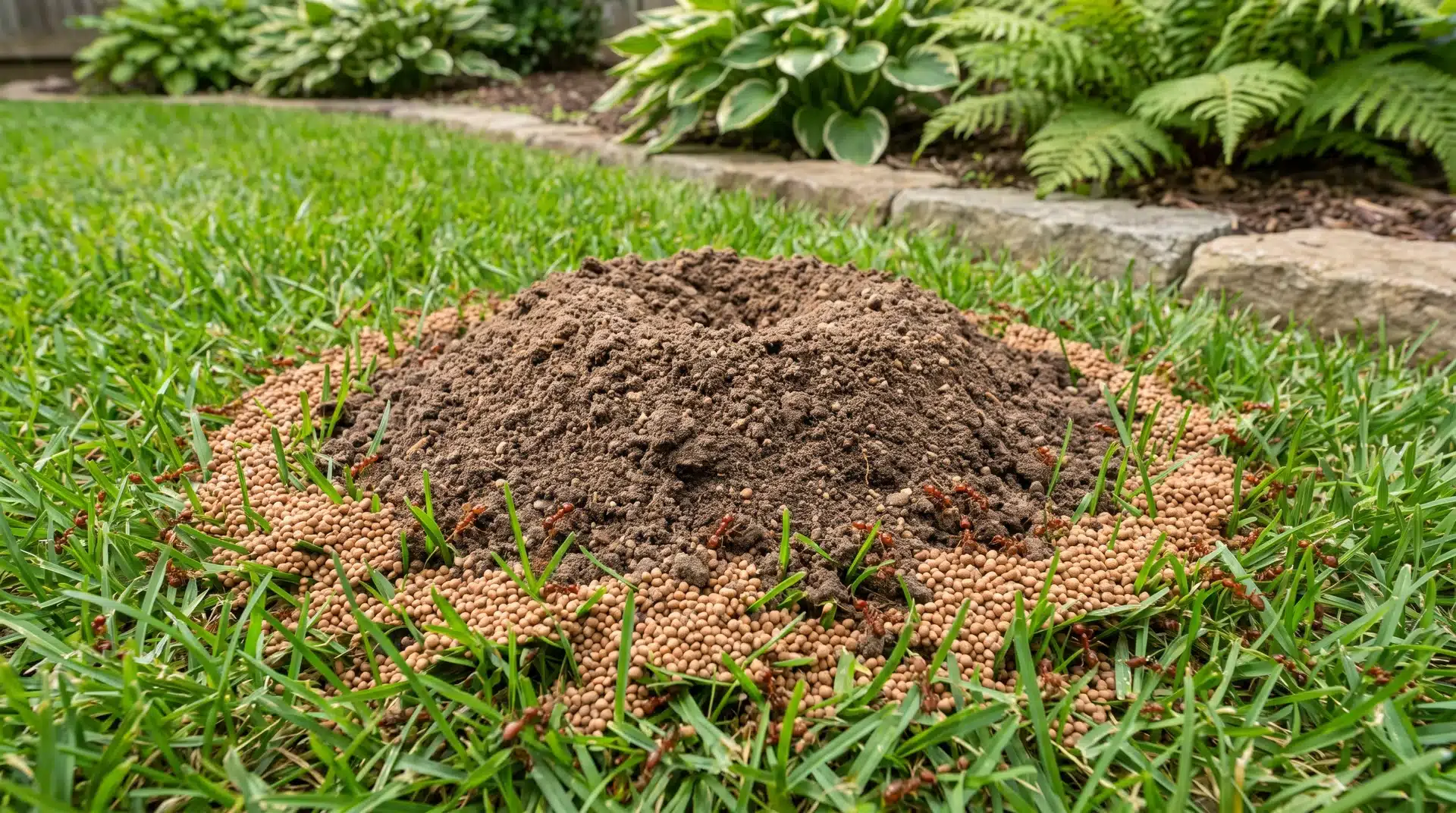 Ant killer outdoor granular bait spread around a fire ant mound in green grass for colony control.