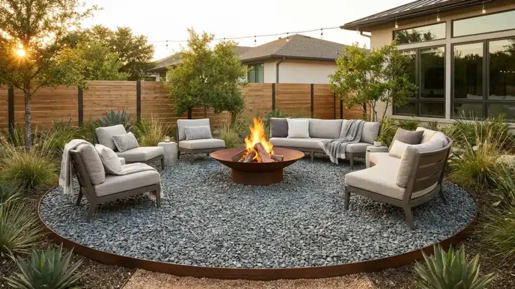 Modern backyard gravel fire pit area with circular seating, outdoor chairs, and a warm evening fire surrounded by landscaping.
