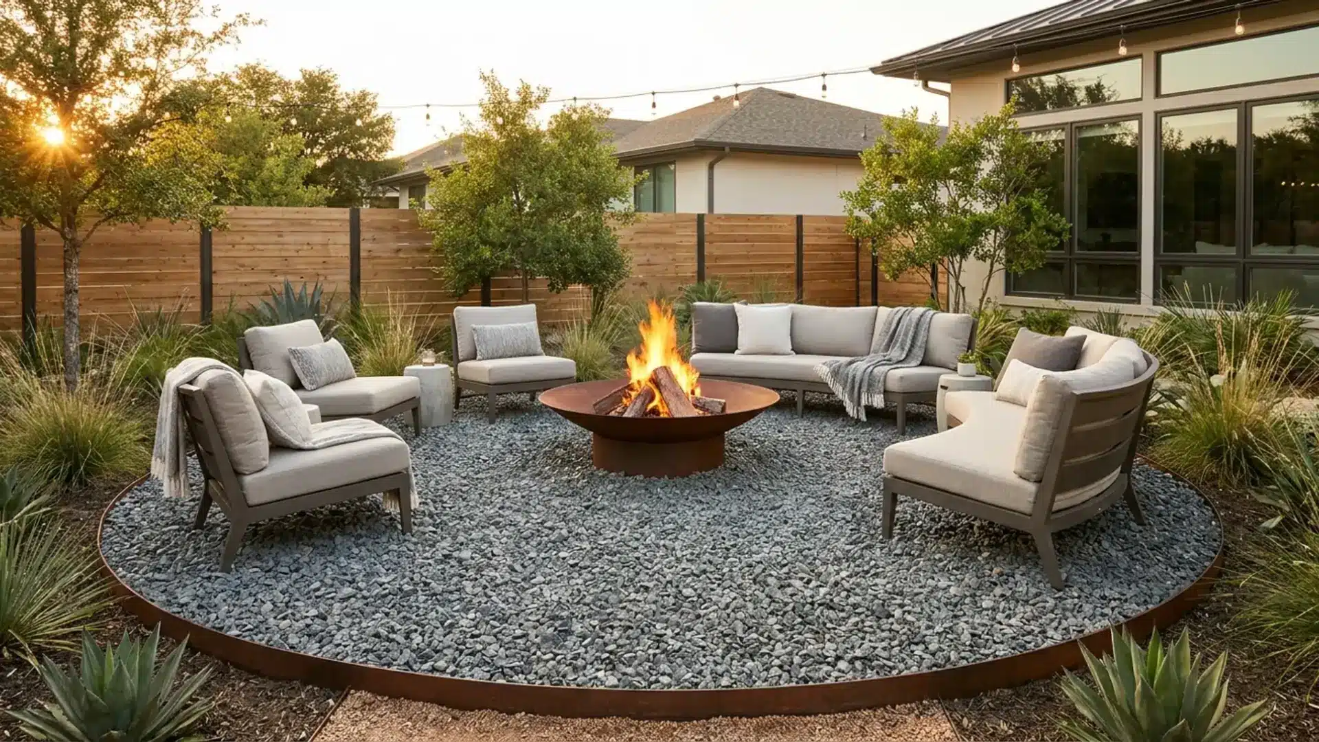 Modern backyard gravel fire pit area with circular seating, outdoor chairs, and a warm evening fire surrounded by landscaping.