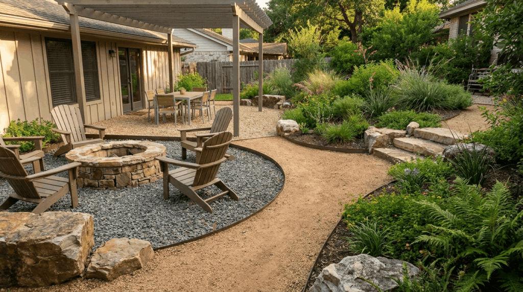 Gravel patio ideas showing fire pits, garden borders, outdoor seating, and different gravel designs for backyards.