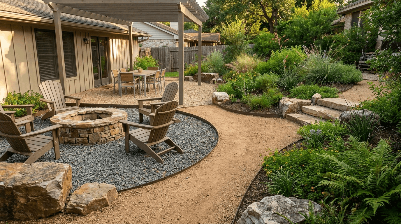 Gravel patio ideas showing fire pits, garden borders, outdoor seating, and different gravel designs for backyards.