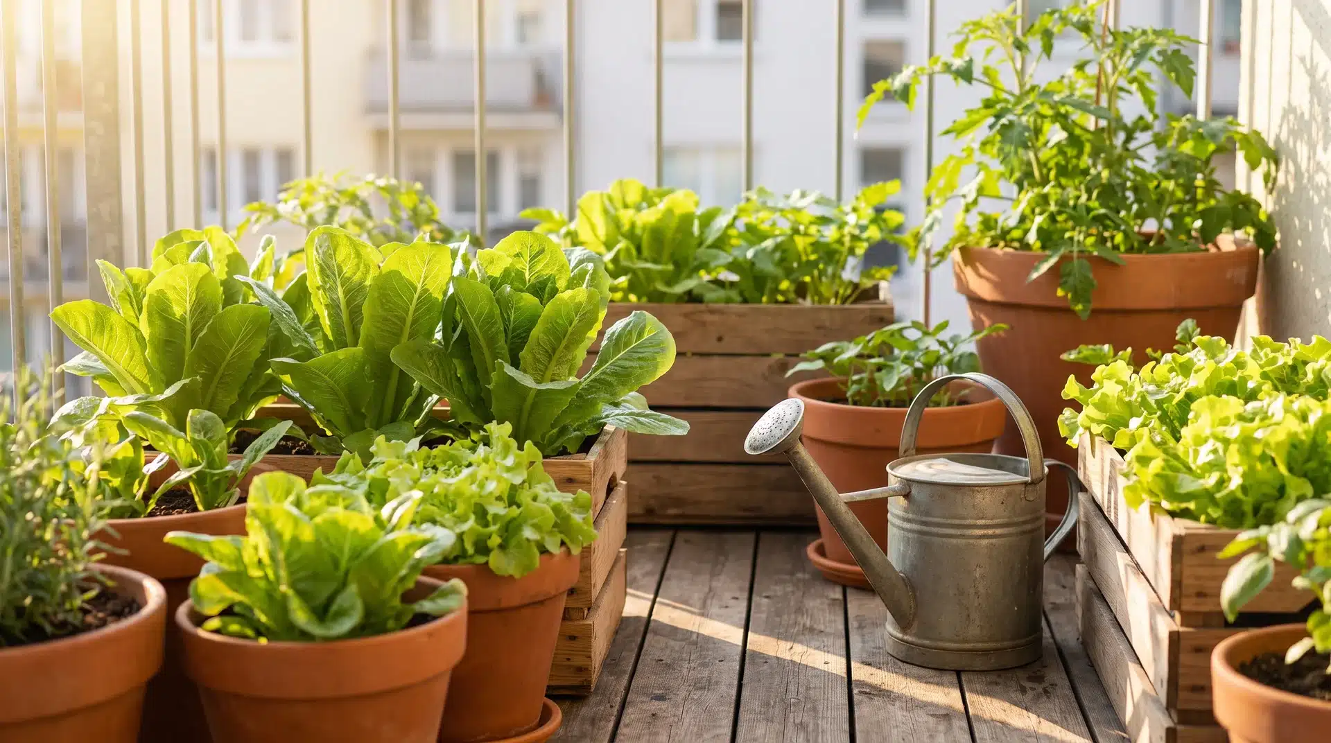 A balcony garden with multiple healthy pots showing growing lettuce in containers under warm natural sunlight.