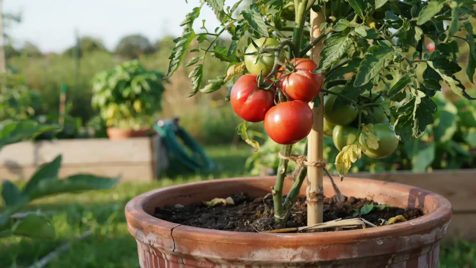 Tomato plants growing in large terracotta containers in a sunny garden, with ripe red tomatoes hanging from a staked plant.