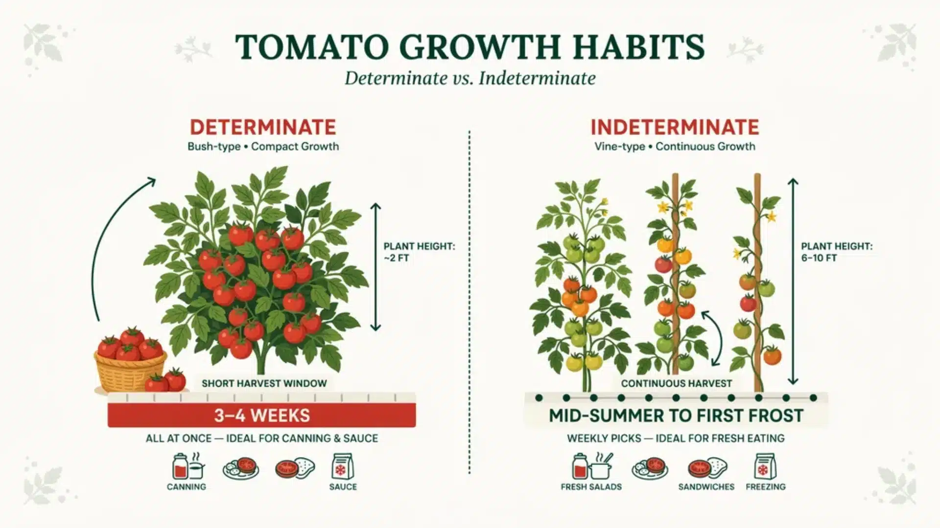 Growth and harvest comparison of determinate and indeterminate tomatoes, showing bush vs vine types, yield timing, and usage.