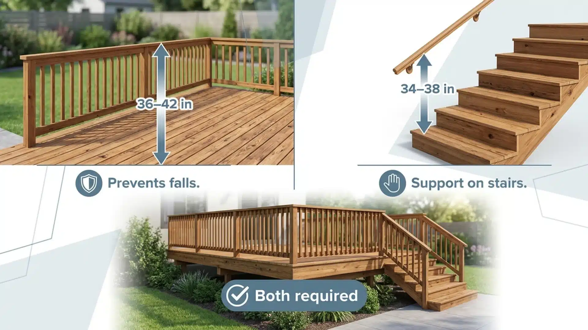 Comparison of deck guardrail and handrail height requirements for safety.