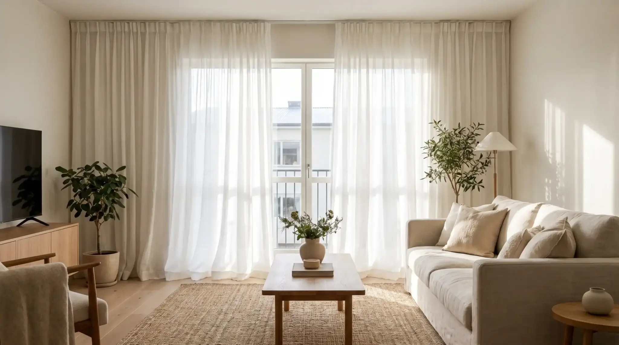 Floor-to-ceiling sheer curtains installed high to make small living room look bigger with added visual height.